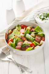 Bacon Lettuce Tomato, BLT salad with creamy dressing sauce, croutons closeup on the plate on the table. Vertical
