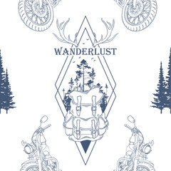 Hand drawn vector seamless pattern with forest trees silhouette, motorcycle, travel bag and lettering. Wanderlust. Outdoors adventure. Travel. Explore. Have editable layer with isolated elements