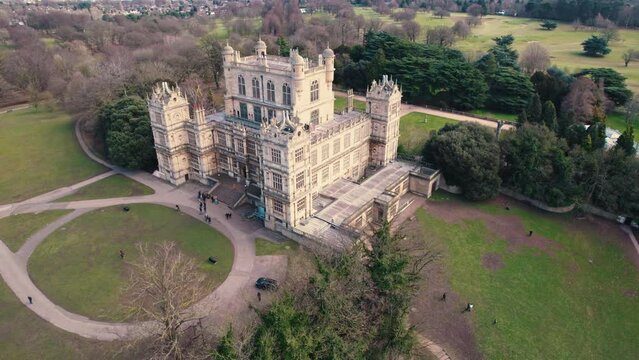aerial view of a glorious Wollaton Hall (Natural History Museum) and Park. Wollaton Hall was designed by Robert Smythson and built by Sir Francis Willoughby between 1580 and 1588. Nottingham, UK. High
