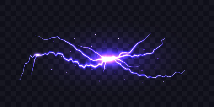 Electric discharge. Purple lightning isolated on transparent background. Flash Light. Realistic lightning glow. Natural phenomenon. Vector illustration.