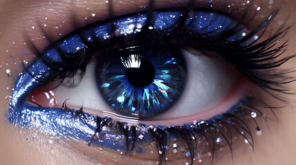 closeup of beautiful glittery blue eye makeup. generative ai