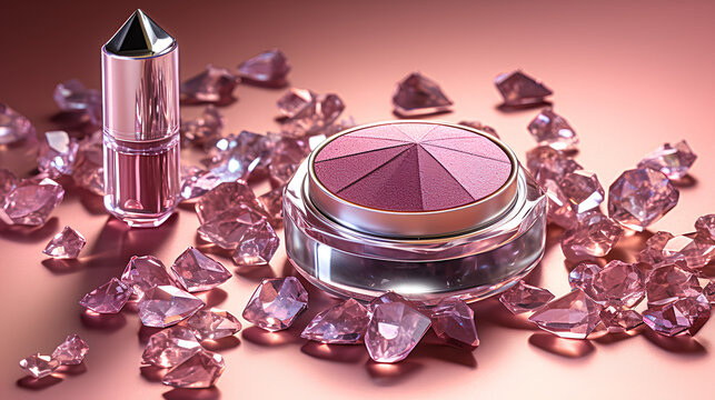 Close-up look of pink diamonds and luxury makeup products. generative ai