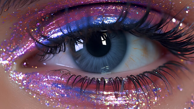 closeup of beautiful pastel eyes makeup.  generative ai