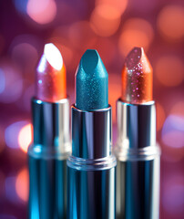 Closeup shot of three lipsticks . generative ai
