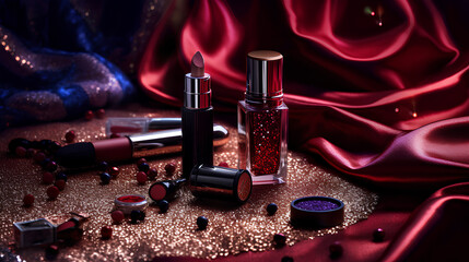 luxury set of makeup on red silk fabric .  generative ai