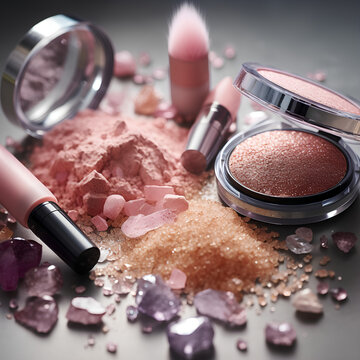 Close-up shot of the pink crystal make-up products. generative ai