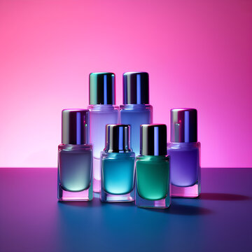 Set of light neon colors nail polish bottles . generative ai