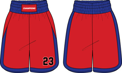 Basketball Shorts jersey design flat sketch Illustration, wide leg boxing shorts concept with front and back view. oversize active wear shorts design.