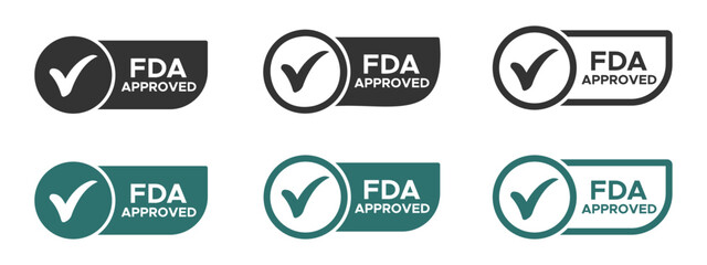 FDA approved vector icons. Food and Drug Administration stamp, icon, symbol, label, badge.