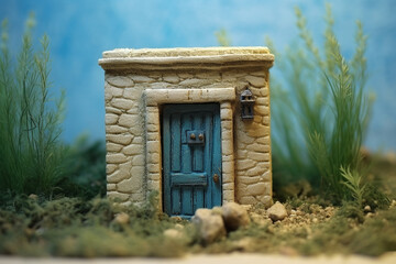 An image of a tiny wall with a blue a door in front of some green grass - Generative AI