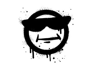 Smiling face emoticon character with sunglasses. Spray painted graffiti smile face in black over white. isolated on white background. vector illustration