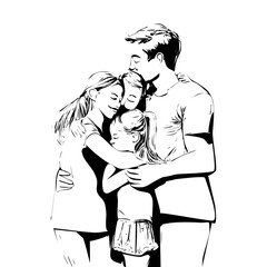 Line art illustration Family mom, dad and childrens stand embracing. Parents Day. Children Protection Day. Simple vector illustration
