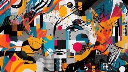 abstract graphic collage, graffiti style, stencil style, graphic abstract illustration, fields, flowers and trees, magical wild forest full of life, abstract and graphic, wild landscape, generated in 