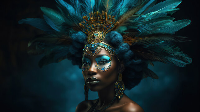 African american woman in feathery headpiece on dark background, fashion  illustration 
