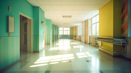 Spacious empty hospital hall with daylight. The walls are green and yellow. Waiting hall. Banner. Generative AI