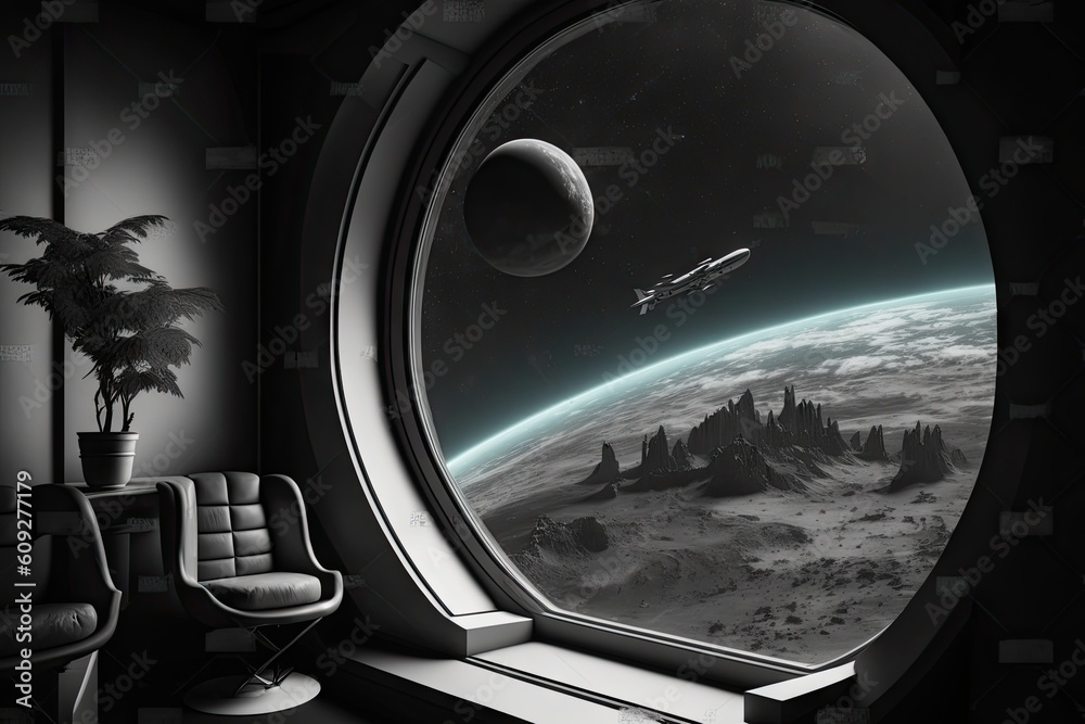 Poster spaceship dark interior with view on distant planets solar system. generative ai aig15.