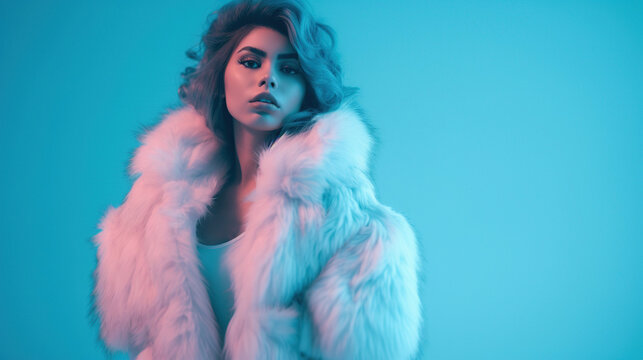 Portrait of young  woman in fur coat on blue background