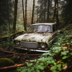 Dirty abandoned car in forest. Generative AI
