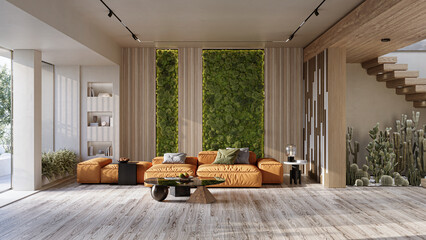 Reindeer moss wall in modern living room interior. Vertical landscaping of walls, 3d rendering 
