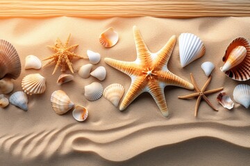 Fototapeta na wymiar Summer concept with sandy beach, shells and starfish background. Charming Seashells and starfish on a sea beach Background.
