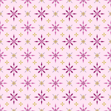 In this seamless pattern, pink starbursts are arranged around a small yellow starburst decorated with small yellow starburst. On the light pink background, it looks beautiful, charming and delicate.