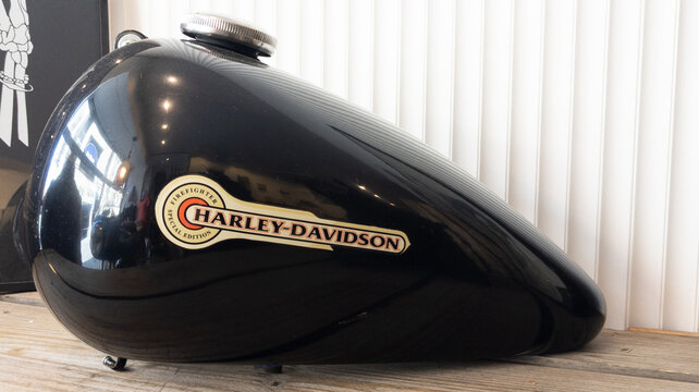 harley davidson brand logo and text sign on black tank firefighter special edition of american custom Motorcycle