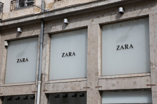 Zara logo facade and text sign front of clothes brand store of fashion boutique spanish entrance shop