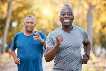 Race, friends and running with old men in park for fitness, workout and exercise. Wellness,...