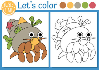 Under the sea coloring page for children with hermit crab. Vector ocean life outline illustration with cute water animal. Color book for kids with colored example. Drawing skills printable worksheet