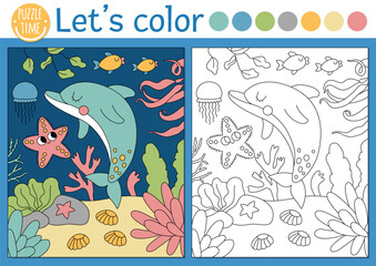 Under the sea coloring page for children with dolphin underwater scene. Vector ocean life outline illustration. Color book for kids with colored example. Drawing skills printable worksheet.