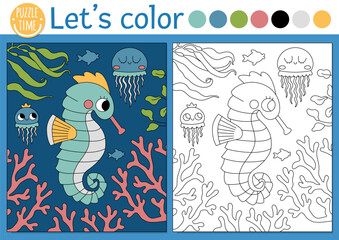 Under the sea coloring page for children with seahorse underwater scene. Vector ocean life outline illustration. Color book for kids with colored example. Drawing skills printable worksheet.