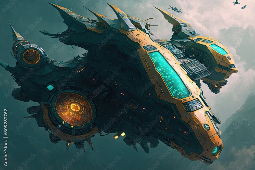 Wall mural cyber punk spaceship seen from above. glorious generative ai.