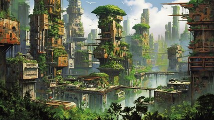 緑に覆われた都市,Generative AI AI画像