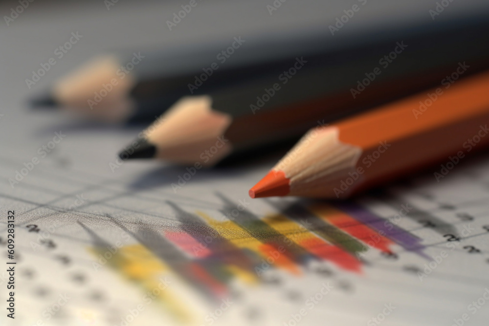 Aufkleber  A macro photograph of a pencil tracing the lines of a stock market chart on a piece of paper, symbolizing the act of studying and analyzing market trends.  Generative AI technology.
