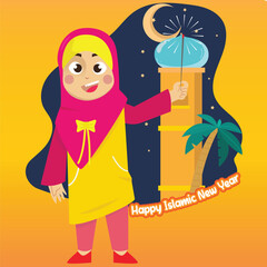 Moslem girl holding firework celebrate Islamic New Year