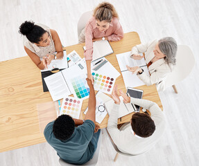 Business people, handshake and celebration in creative meeting, branding agreement or deal at...