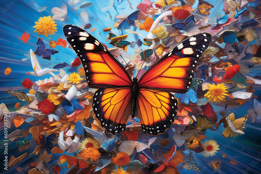 Poster a mixed-media artwork combining uplifting symbols, such as butterflies or birds, with vibrant colors