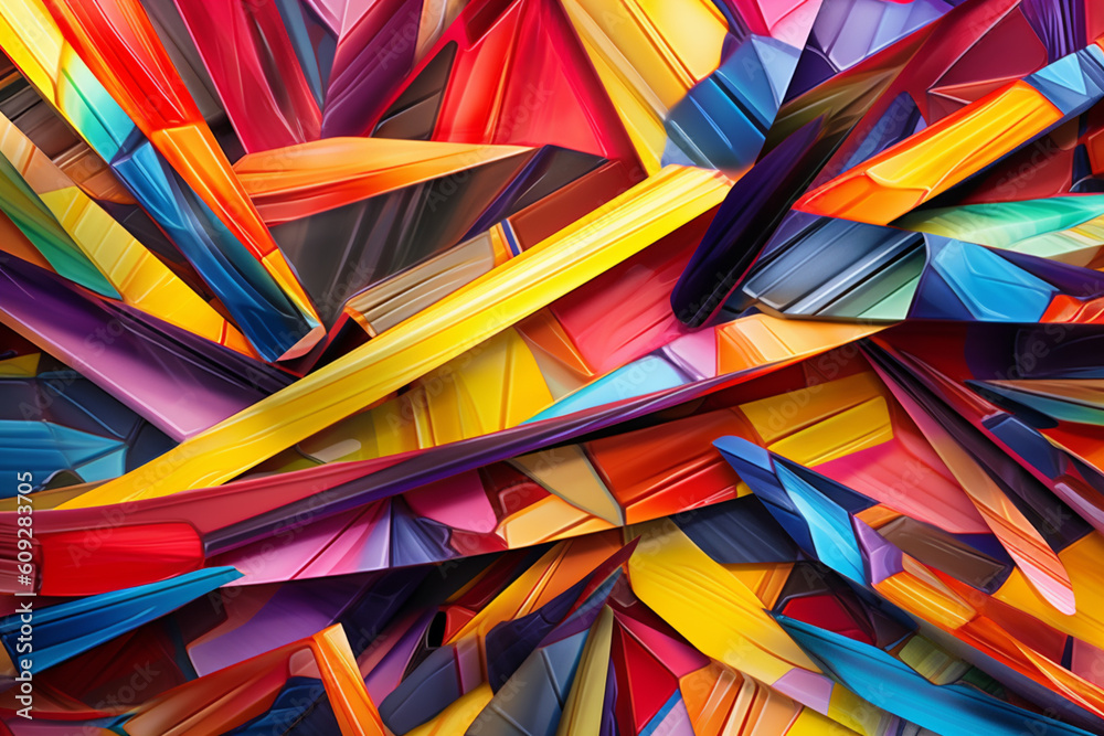 Poster An abstract painting featuring intersecting lines and geometric shapes in vibrant colors, creating a visually dynamic and energetic representation of hope.  Generative AI technology.