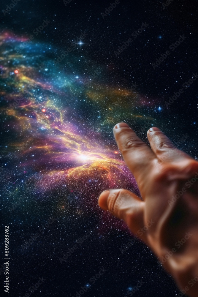 Poster a captivating photograph of a person reaching out towards a galaxy, as if trying to touch the stars,