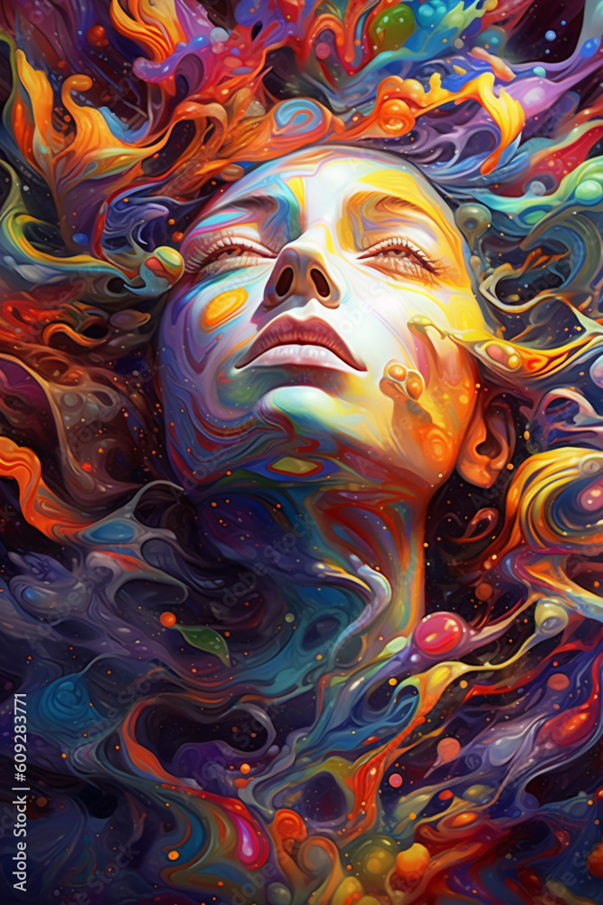Poster  An abstract painting using cosmic colors and swirling patterns to depict the human form merging with the vastness of the universe.  Generative AI technology.