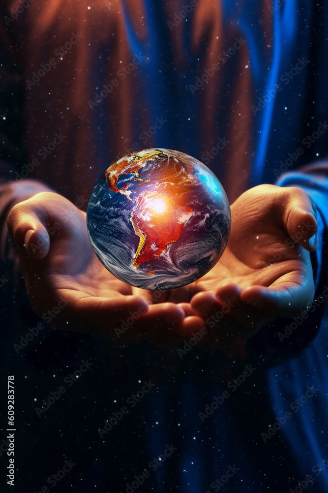 Poster an artistic representation of a person holding the earth in their hands, surrounded by celestial obj