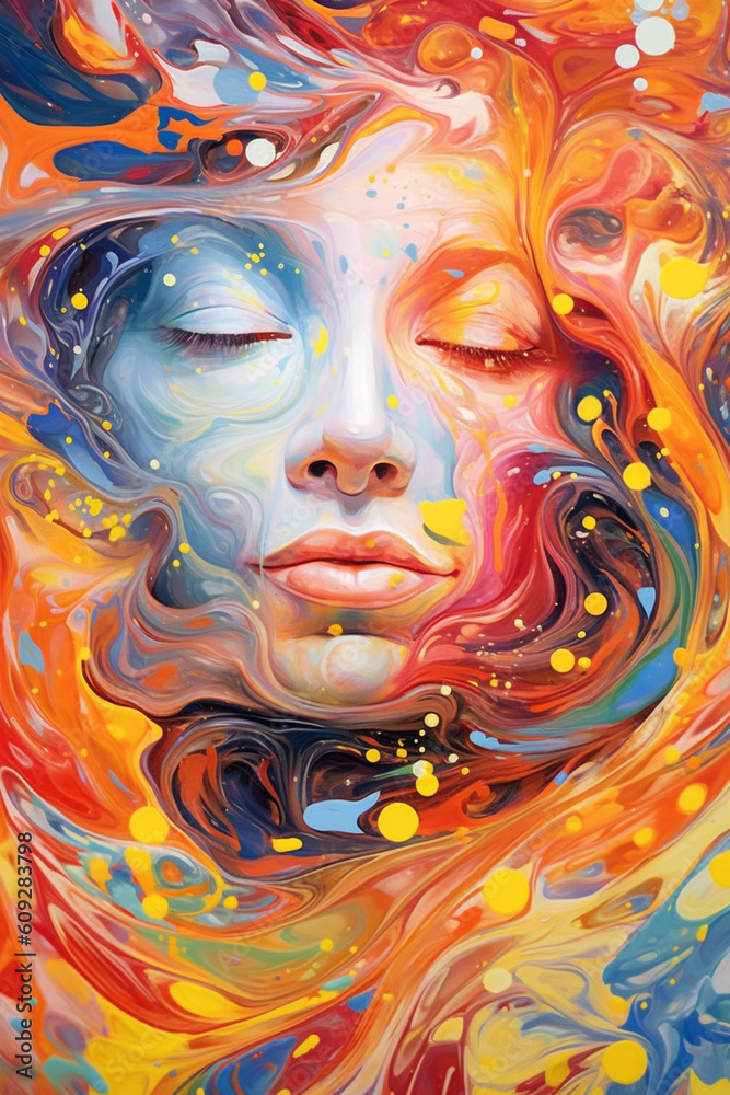 Poster  An abstract painting using vibrant colors and flowing brushstrokes to depict a person merging with celestial patterns. Generative AI technology.