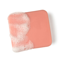 A bar of pink soap with foam. Full depth of field. With clipping path