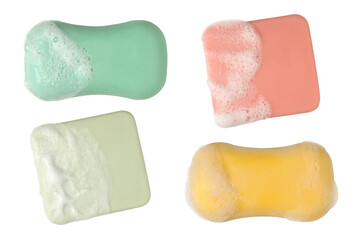 A set of four different bars of soap with foam. Full depth of field. With clipping path