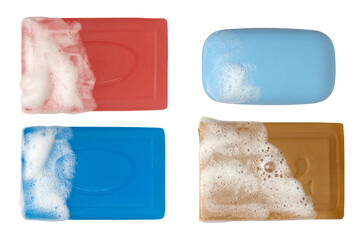 A set of four different bars of soap with foam. Full depth of field. With clipping path
