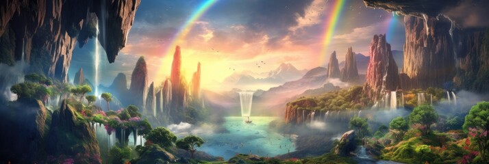 Fototapeta na wymiar Realm of Wonder Cliffs, Waterfall, Rainbow, and Whirling Magic in a Fantasy Landscape Wallpaper - Fantasy Landscape with Cliffs, Waterfall and Rainbow Background created with Generative AI Technology
