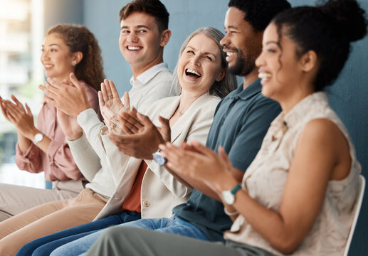 Diversity, audience clapping and in a meeting together for success at modern workplace office. Achievement or happiness, celebration or support and happy colleagues with applause at their work
