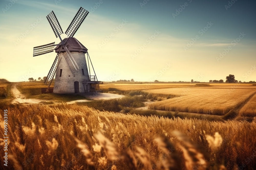 Poster a vintage-style photograph of a traditional windmill surrounded by wheat fields, representing the ti