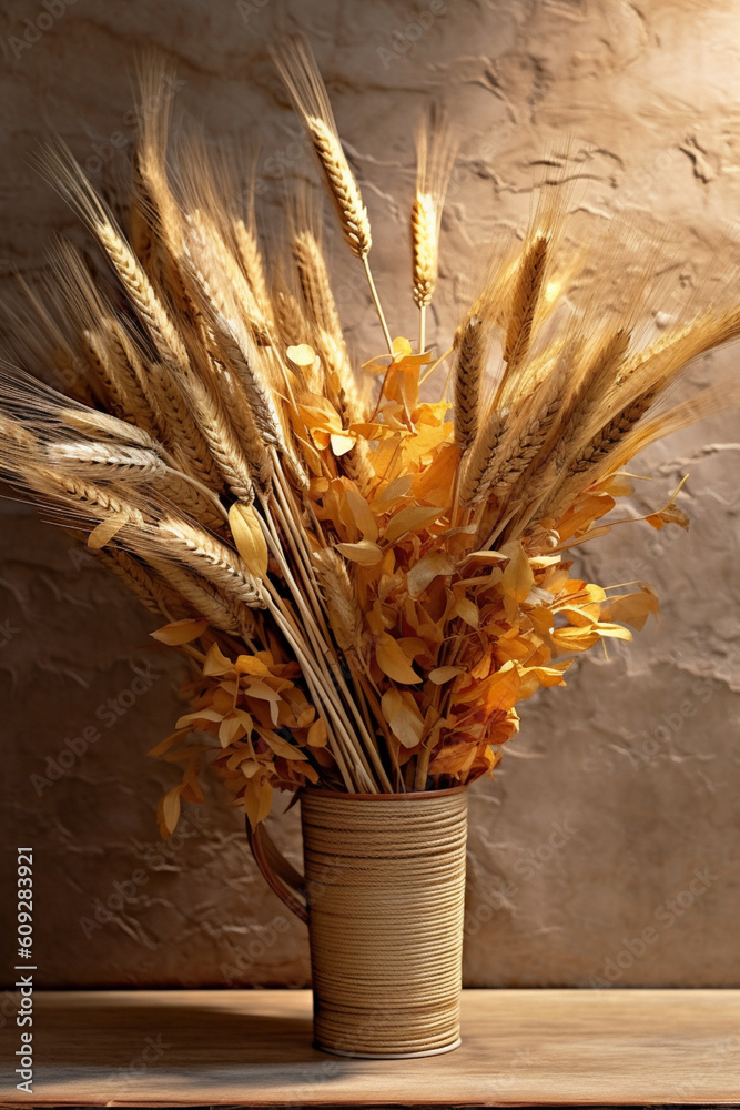 Poster a still life photograph of a bouquet of dried wheat ears, creating a warm and rustic ambiance. gener