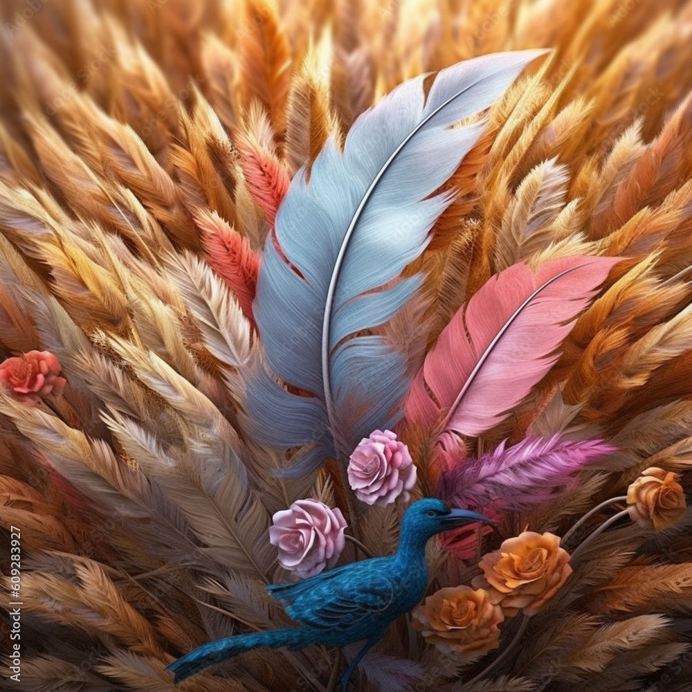 Aufkleber  A creative composition of wheat ears intertwined with other elements, such as feathers or ribbons, creating a whimsical and textured image. Generative AI technology.